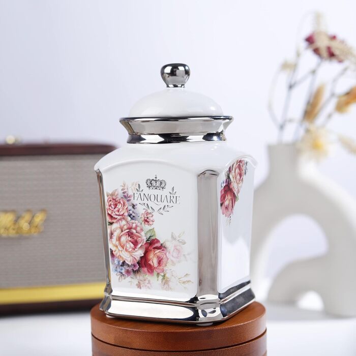 Порцелянова банка для печива Fanquare, Ø 19 см, банка для зберігання з вінтажним квітковим візерунком та кришкою, банка для печива та солодощів (білий квітковий візерунок)