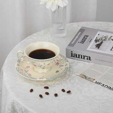 Набір чашок та блюдець Fanquare з вінтажним квітковим візерунком, кістяний фарфор, для еспресо, капучино та кави, з блюдцем та ложкою, подарунок для вечірки (синій)