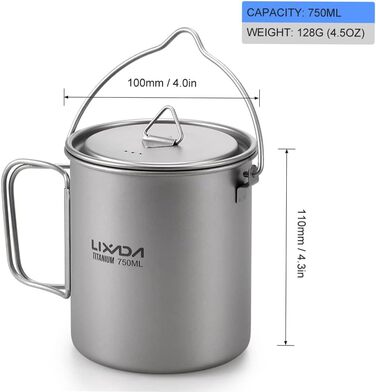 Туристический титановый котелок с крышкой 750 мл Lixada