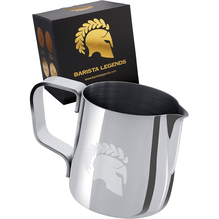 Глечик для молока Barista Legends з нержавіючої сталі 350 мл зі спеціальним носиком для лате-арту - Глечик для спінювання молока з високим глянцевим покриттям - Глечик для молока Barista з нержавіючої сталі - Аксесуари Barista (срібло)