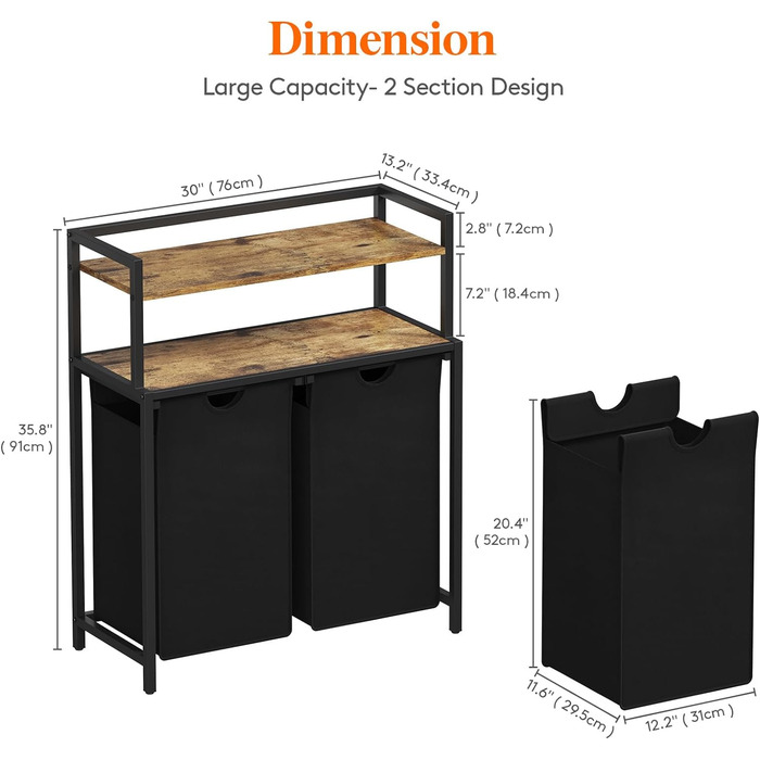 Кошик для білизни Lifewit, відро для білизни, 95 л, легко знімається, кошик для білизни з великою полицею зверху, 2 знімні кишені, ручки, кошик для білизни 2 відділення, пральня, спальня, ванна кімната, гуртожиток, чорний