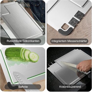 Разделочная доска из нержавеющей стали 38 x 28 см с точилкой для ножей и силиконовыми уголками Bafeil
