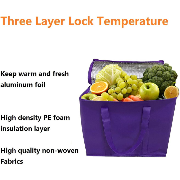 Сумка-холодильник XL на блискавці, багаторазова, зберігає їжу гарячою або холодною, ідеально підходить для прийому їжі, Instacart, ресторани, фіолетова, 2 шт.
