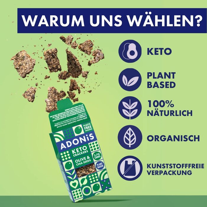 Кето крекеры с оливками и семенами чиа, 10 упаковок по 60 г Adonis