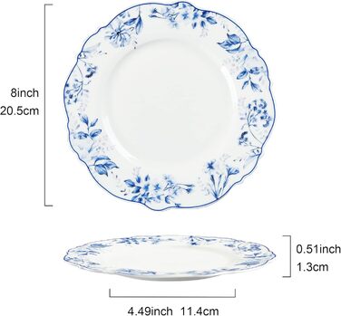 Набір із 4 тарілок для торта fanquare, порцелянові тарілки для хліба з блакитним квітковим візерунком, тарілки для торта Ø 21 см, тарілки для пасти, десертні тарілки, можна мити в посудомийній машині та використовувати в мікрохвильовій печі, блакитний кві