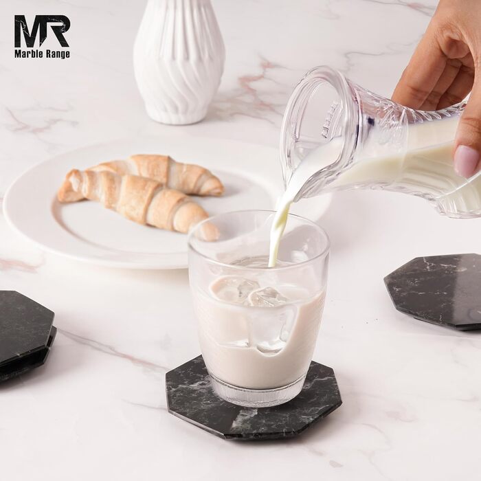 Підставки під чашки з оніксу, 8.9 см, ручної роботи, з підставкою, 6 шт. (Чорні) - для офісу, напоїв, кави, бару та обіднього столу