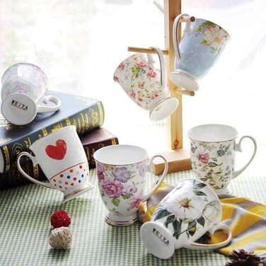 Набір із 2 порцелянових кавових кухлів, квітковий візерунок, чашки у формі кістки, китайський стиль, 300 мл, з ручкою для кави, чаю, молока, капучино (B)