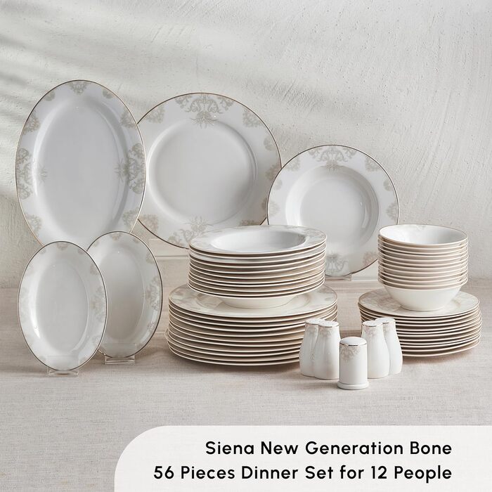 Набір посуду Karaca Siena з 56 предметів на 12 осіб, обідній сервіз, кістяний обідній сервіз нового покоління, вишуканий дизайн, міцний, безпечний для морозильної камери, легко чиститься, круглий дизайн