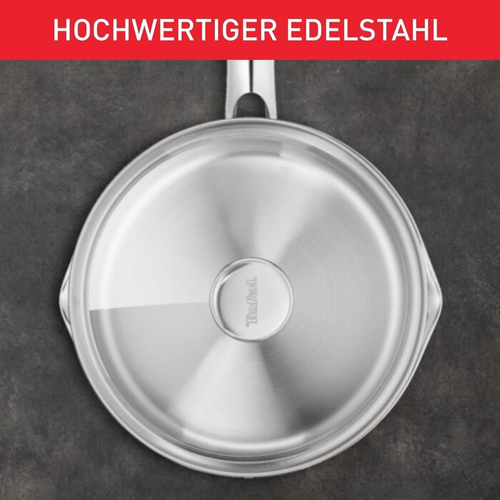 Каструля Tefal Duetto A70542 виготовлена з високоякісної нержавіючої сталі 18/10, градуйована, з кришкою, підходить для всіх типів плит, включаючи індукційні (Guisera 16 см)