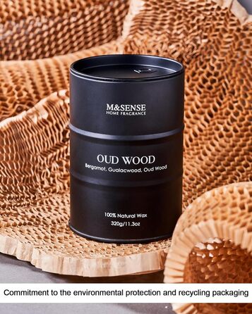 Ароматичні свічки M&SENSE Oud Wood з натурального соєвого воску, 320 г натуральної соєвої свічки для домашнього декору, тривале горіння до 70 годин, класні подарункові свічки для чоловіків і жінок, 320 г Oud Wood