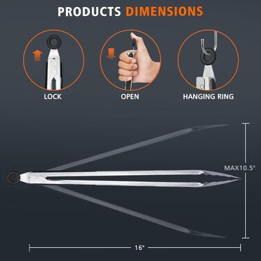 Щипці для гриля HOTEC з нержавіючої сталі з термостійкою силіконовою ручкою, металеві щипці, що замикаються, нековзне покриття, 23 см та 30,5 см (чорні) (чорні)