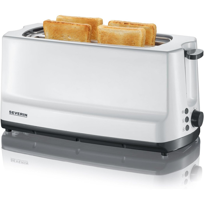Автоматичний тостер SEVERIN з довгим слотом, 4 тости, автоматичний тостер з насадкою для булочки, тостер з нержавіючої сталі для підсмажування, розморожування та розігріву, 1 400 Вт, білий / сірий, AT 2234 4 скибочки тостів
