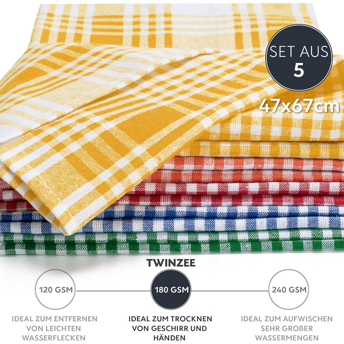 Набір кухонних рушників Twinzee з картатою бавовною 0 Oeko-TEX - 67 x 47 см - Кухонні рушники в ретро-шикарному стилі - Рушники для посуду та чаю - 2 синіх, 2 червоних, 2 зелених, 2 жовтих рушники (різнокольорові, 5)