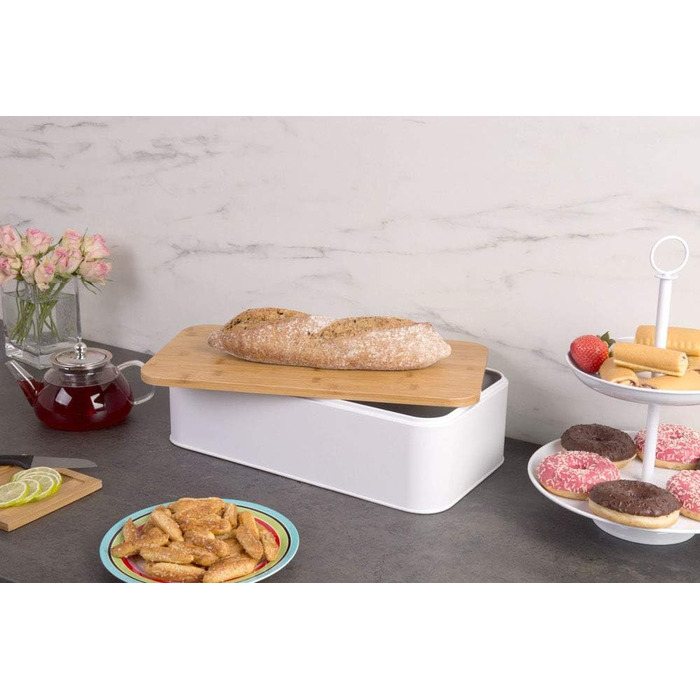 Хлібниця Zeller 25377 з бамбуковою кришкою, метал, матовий, приблизно 42,5 x 23 x 13 см, хлібниця з вентиляційними отворами, для зберігання хліба, прямокутний контейнер для хліба, проста хлібниця в сучасному дизайні (біла, 42,5 x 23 x 13 см)