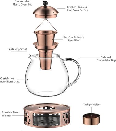 Серебряный чайник из гласного стекла 1500 мл с ситечком для чая из нержавеющей стали 18/8 Чайник из боросиликатного стекла Стеклянный чайник Подходит для подогревателей чая (1500 мл, бронзовый чайник типа 5 с подогревателем)