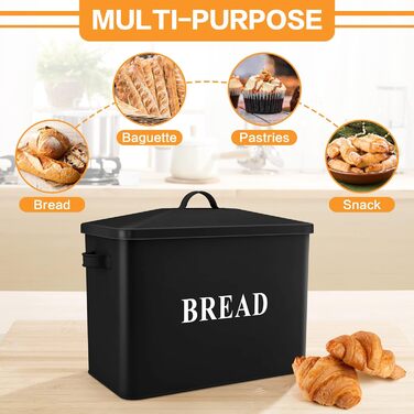 Чорна хлібниця Herogo, дуже велика металева хлібниця для кухні, вінтажна висока хлібниця з кришкою, компактний контейнер для зберігання хліба для стільниці, вміщує 2 хліби, 33 x 24,5 x 19 см