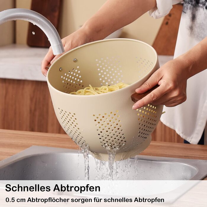 Металеве сито для пасти з дерев&39яною ручкою та стабільною основою, велике кухонне сито 22 см для пасти, овочів та фруктів, міцне кухонне сито (матовий пісочно-жовтий)