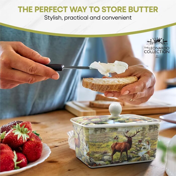 Маслянка з кришкою, китайська кераміка, з гарними акварельними мотивами, дизайн якої розроблено галереєю Дженніфер Роуз для Busy Bees (біла з ілюстрацією оленя натурального кольору)