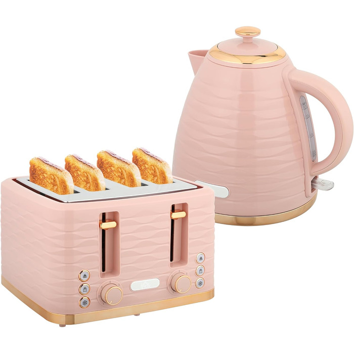 Набір для сніданку HOMCOM Kettle Toaster Set з чайником 1,7 л, тостером на 4 скибочки, 2200 Вт, 7 рівнів підрум&39янення, розморожуванням, розігрівом та лотком для крихт, термостатом Otter, кремово-білим (рожевим)