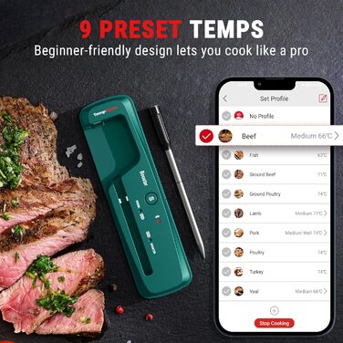 Термометр для м'яса ThermoPro TempSpike Бездротовий термометр для гриля Bluetooth IP67 Основний датчик температури TP961 150 м Термометр для смаження для духовки, гриля, гриля, безпечного в посудомийній машині (бірюзовий)
