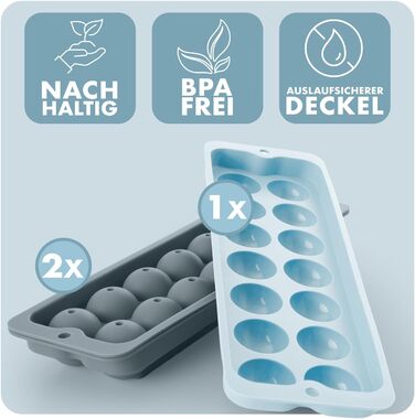 Силіконові формочки для льоду Blumtal, набір з 3 шт. - форма для льоду на 24 кубики з кришкою - силіконова форма для льоду без бісфенолу А - форма для льоду, безпечна для харчових продуктів - сіро-блакитний великі кубики (сіро-блакитний світло-блакитний, 