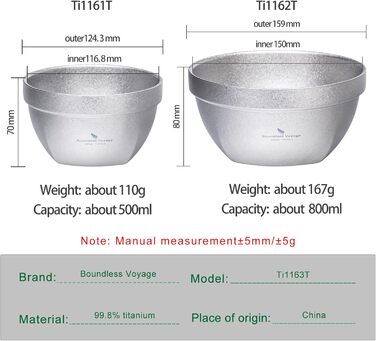 Набор титановых лоханок для кемпинга 500 и 800 мл Boundless Voyage