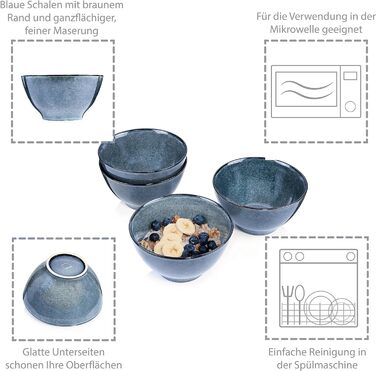 ПЕВЕЦ Столовый сервиз Darwin 12 шт., набор глиняной посуды на 4 персоны, набор тарелок синего цвета, включая обеденную тарелку, десертную тарелку и глубокие тарелки, столовую посуду, набор посуды ручной работы (миски для хлопьев 4 шт.)