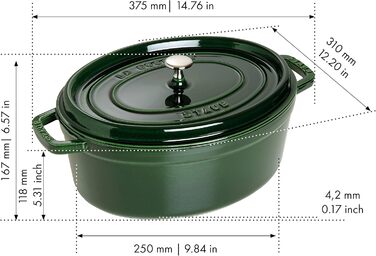 Чавунна жаровня/кокотниця STAUB, овальна 6,7 л, (33 см, базилік/зелений)
