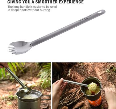 Безмежна подорож Outdoor Титанова ложка з довгою ручкою Spork Ультралегкий кемпінговий полірований посуд Набір столових приборів 2 шт. (Ti1510b)