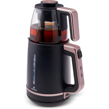 Чайник Karaca Maxi Tea XL 2-в-1 зі скляним чайником та каструлею, колір троянди, чайник 1,25 л, резервуар для води 2,3 л, 1700 Вт, основа, що обертається на 360, скляне ситечко для чаю, функція автоматичного підігріву