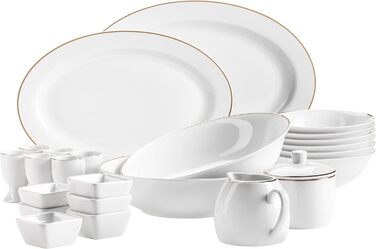 Професійний набір обідніх тарілок на 6 персон у білому кольорі з порцеляною з 12 предметів (золотий обідок, набір аксесуарів), 931533