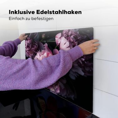 Фартух для плити, кухонний фартух, вініл, 78x52 см, декор для кухні, облицювання стіни, кришка для плити - сіро-чорна (квіти - рожеві, 52Д x 65Ш см)