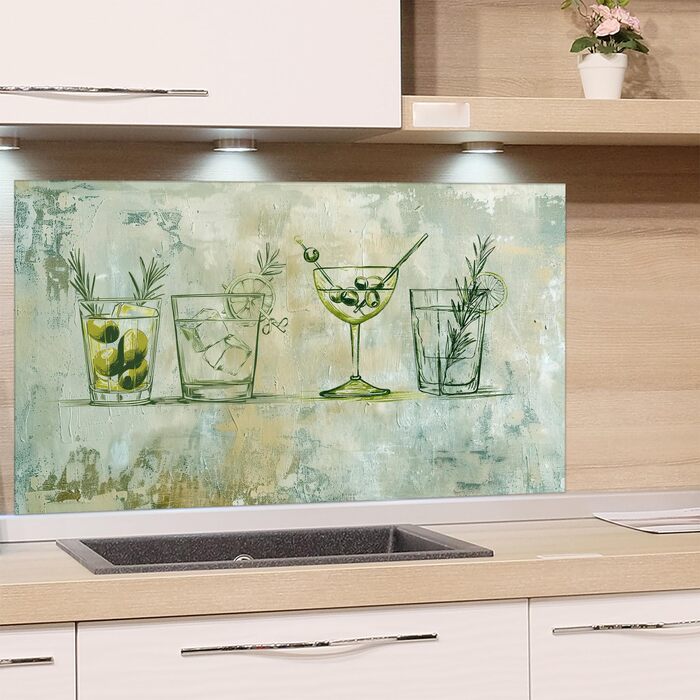 Скляний кухонний фартух GRAZDesign 4 мм Декоративний скляний фартух з квітковим мотивом Кухонний фартух сірого кольору - (Коктейлі, 80x50 см)