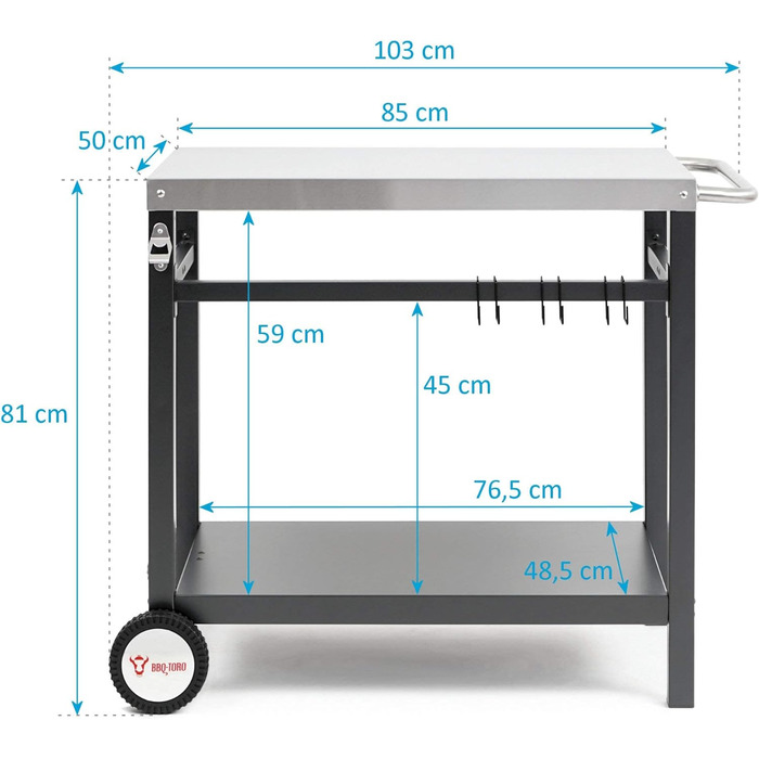 Візок для гриля BBQ-Toro 85 x 50 x 81 см Металевий стіл-гриль з великою робочою поверхнею Приставний стіл для гриля Стіл для гриля Візок для подачі на відкритому повітрі Садовий візок (чорний / сріблястий)