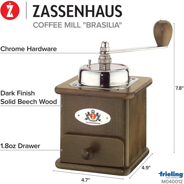 Кофемолка Zassenhaus ручная BRASILIA Бук темный 12 x 12,5 x 20 см для измельчения кофейных зерен Бесступенчатая регулировка помола с оригинальной шлифовальной машиной Zassenhaus