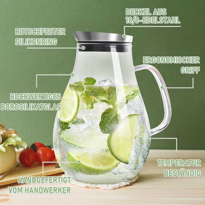 Скляний глечик з кришкою та широкою ручкою 2 л SUSTEAS