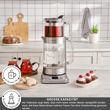 Автоматична чайна машина Karaca X Refika XL, чайник на 2 л та скляний чайник на 0,8 л, мультитемпературний режим, еко-режим, 2200 Вт, чайна машина для родини та гостей, хромована