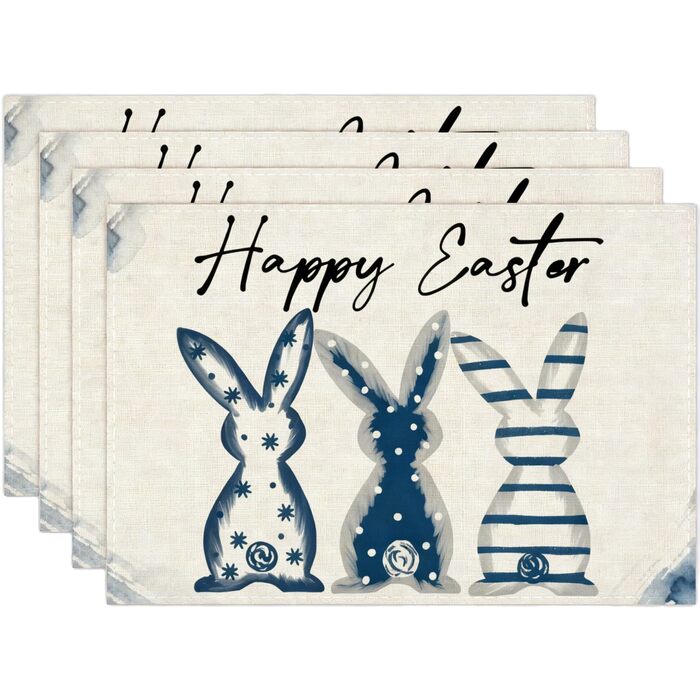 Великодні серветки &quotЩасливого Великодня&quot з коричневим кроликом, набір з 4 шт. , 32x45 см, весняний різдвяний килимок, серветки, що миються, прикраса для кухні-вечірки (синій, 32 x 45 см)