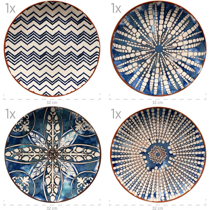 Предметів для 4 осіб у мавританському стилі, набір тарілок з різними вінтажними візерунками в білому та синьому кольорах, керамограніт (набір тарілок), 934017 Iberico Blue 12