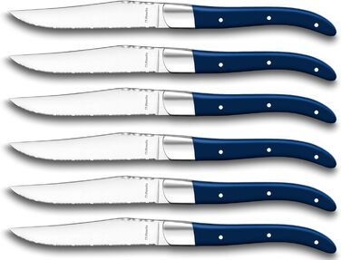 Набір ножів для стейків Amefa ROYAL STEAK Laguiole, 6 предметів, із зубчастим краєм, 3-кратна клепана дерев'яна ручка, професійний набір стейків, столові прибори для стейків, у благородному дерев'яному футлярі, сталеве лезо 13/0, темний (синій)