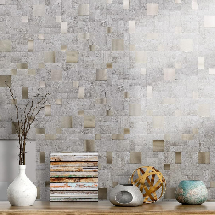 Мідний плитковий фартух DICOFUN, що знімається та клеїться, нержавіюча сталь, для кухні, металевий, фартух для плити, 0 листів (10, бежевий камінь та метал, золото)