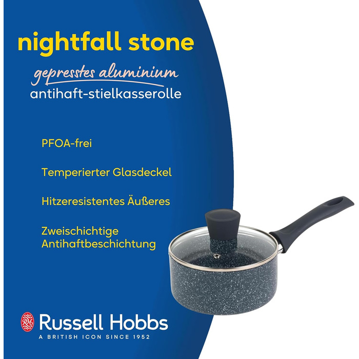 Каструля Russell Hobbs RH00845EU з антипригарним покриттям - 18 см/2 л з кришкою із загартованого скла, індукційна каструля, каструля для овочів/супу з бакелітовою ручкою та термостійким зовнішнім покриттям, камінь Nightfall (каструля 16 см)