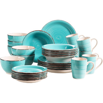 Набор винтажной посуды из 30 предметов на 6 персон, керамический сервиз с ручной росписью, керамогранит, (бирюзовый)