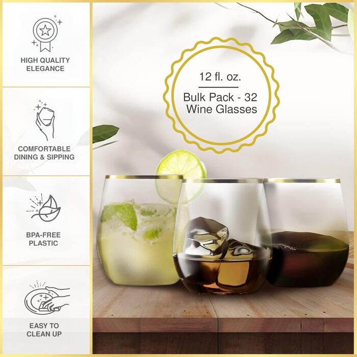 Пластиковые бокалы для вина без ножки 32 шт 340 мл CHATEAU FINE TABLEWARE