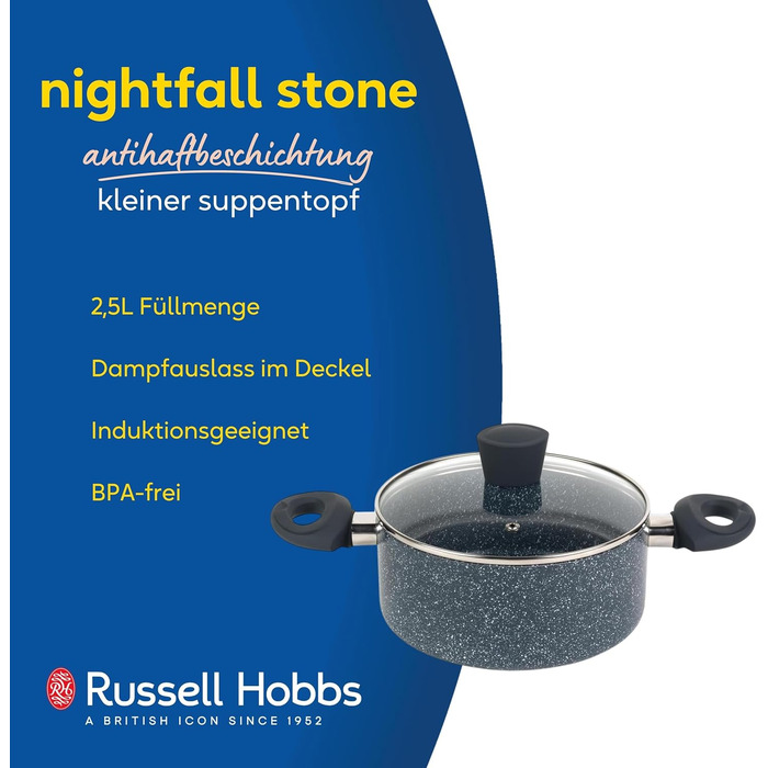 Каструля Russell Hobbs RH00845EU з антипригарним покриттям - 18 см/2 л з кришкою із загартованого скла, індукційна каструля, каструля для овочів/бульйону з бакелітовою ручкою та термостійким зовнішнім покриттям, камінь Nightfall (4,5 літра)