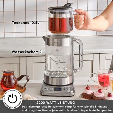 Автоматична чайна машина Karaca X Refika XL, чайник на 2 л та скляний чайник на 0,8 л, мультитемпературний режим, еко-режим, 2200 Вт, чайна машина для родини та гостей, хромована