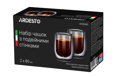 ARDESTO Набір чашок з подвійними стінками для еспресо, 80 мл, H 7,3 см, 2 шт, боросиликатне скло