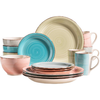 Набор винтажной посуды из 16 предметов на 4 персоны, керамический комбинированный сервиз с ручной росписью, красочный, керамогранит, (зеленый/розовый/бирюзовый/дымчато-голубой), 931499 Bel Tempo II