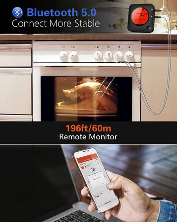 Метровий термометр для гриля Bluetooth, бездротовий термометр для м'яса з 4 зондами з нержавіючої сталі, великий РК-дисплей, термометр для смаження Bluetooth для гриля, коптильні, духовки, барбекю (з 2 зондами), 100-