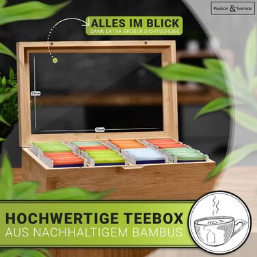 Екологічна чайна коробка з 8 дерев&39яними відділеннями - Герметичне зберігання чайних пакетиків виготовлене з сертифікованого бамбука - Органайзер для чаю з магнітною застібкою та скляною кришкою - Зберігання чайних пакетиків